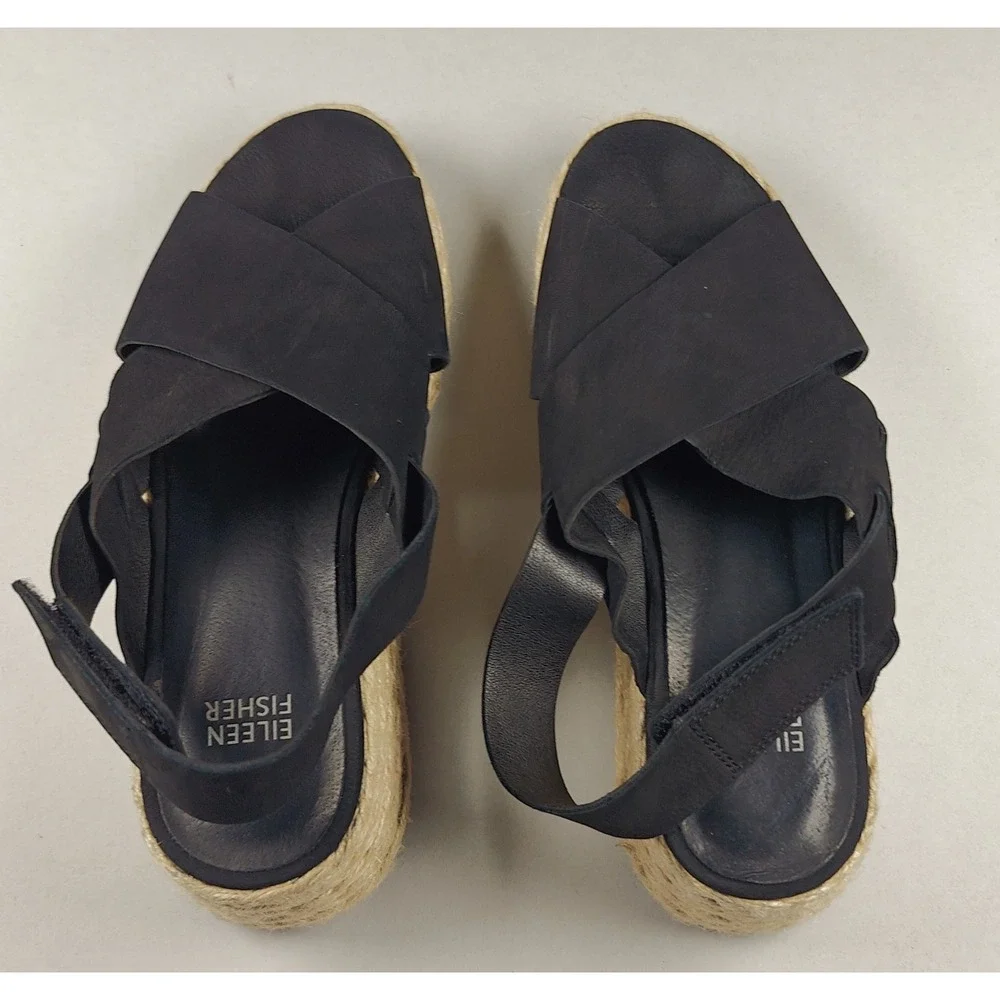 Eileen Fisher‎ Women's Black Leather Timor Espadrille Wedge Sandals Size 7